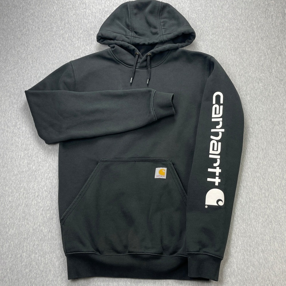 Carhartt Hoodie Mens XS Loose Fit K288 Black Graphic Sleeve Logo Pullover EUC